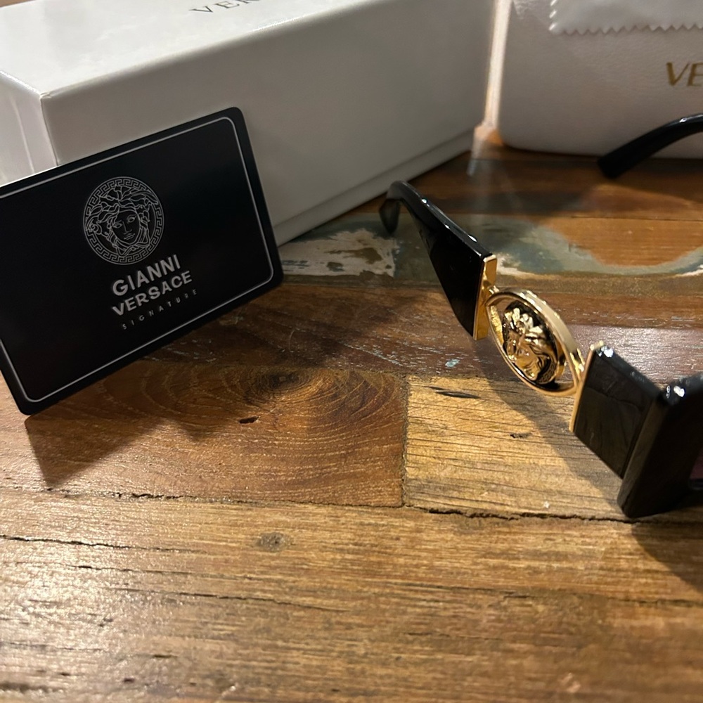 Versace Men's Sunglasses with Black Frame and Gold Detailing